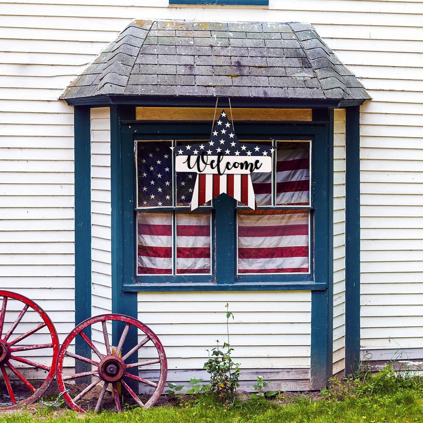 Whaline 4th of July Star Wooden Hanging Sign Patriotic Door Decorations Independence Day