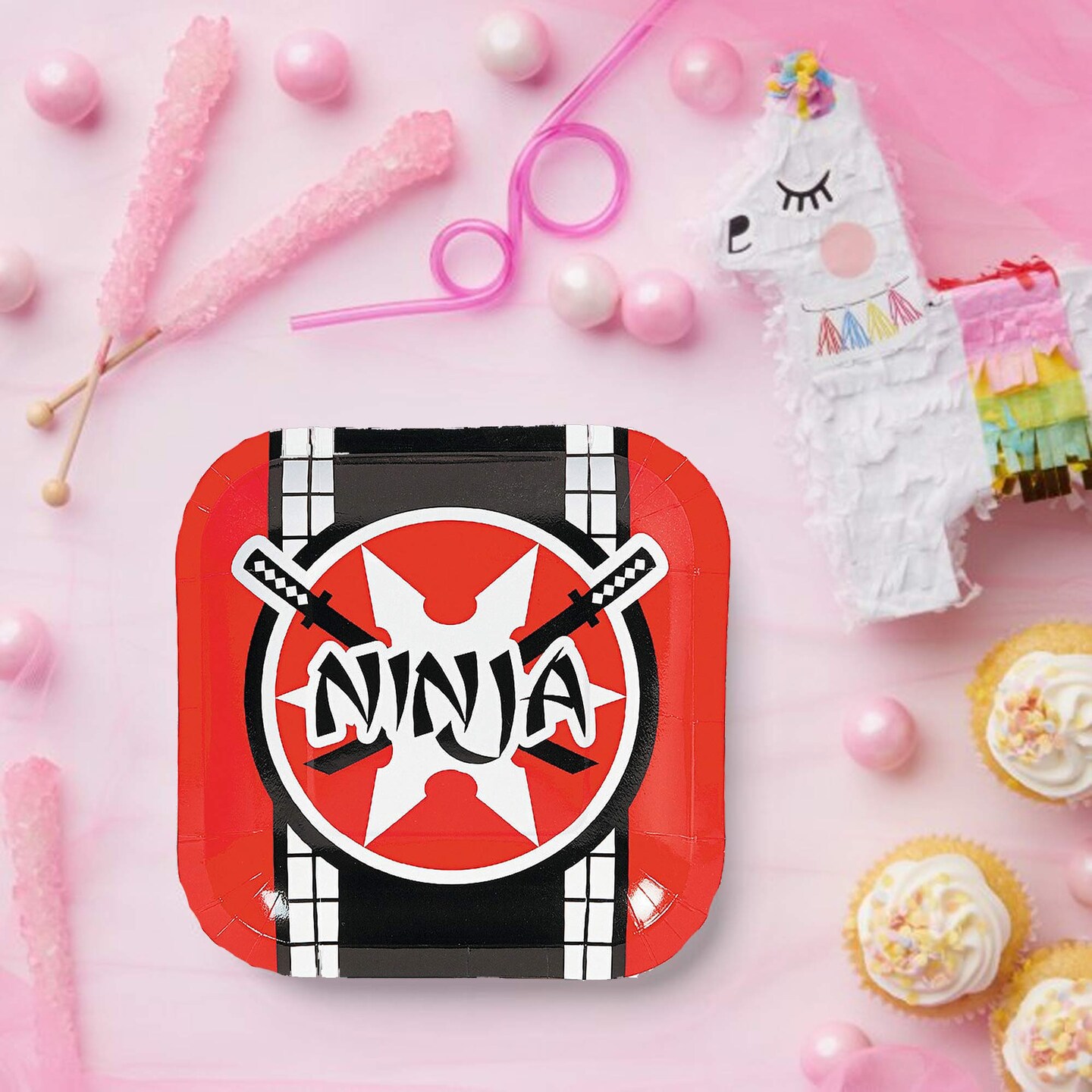 8 Ct Ninja Warrior Party Dessert Plates 7" Square Red & Black Ninja Star Design