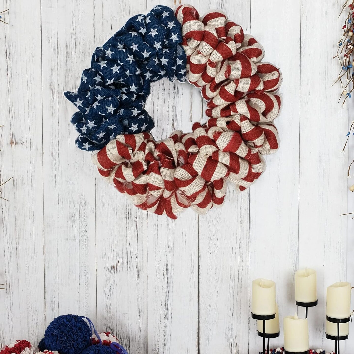 20-Inch Patriotic Burlap Wreath – Handcrafted 4th of July Summer Wreath with Stars & Stripes for Front Door, Memorial Day and American Flag Home Decor, Indoor & Outdoor