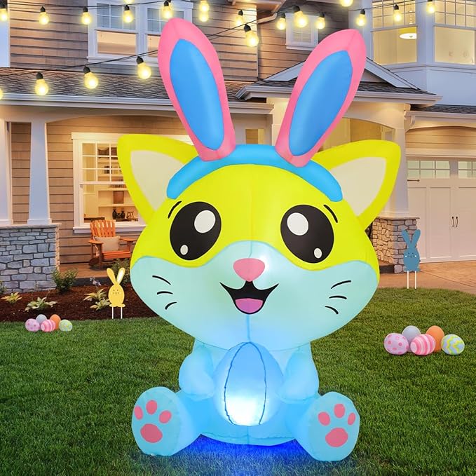 GOOSH 5 FT Easter Inflatables Cat with Eggs Rabbit Ears with Built-in LEDs