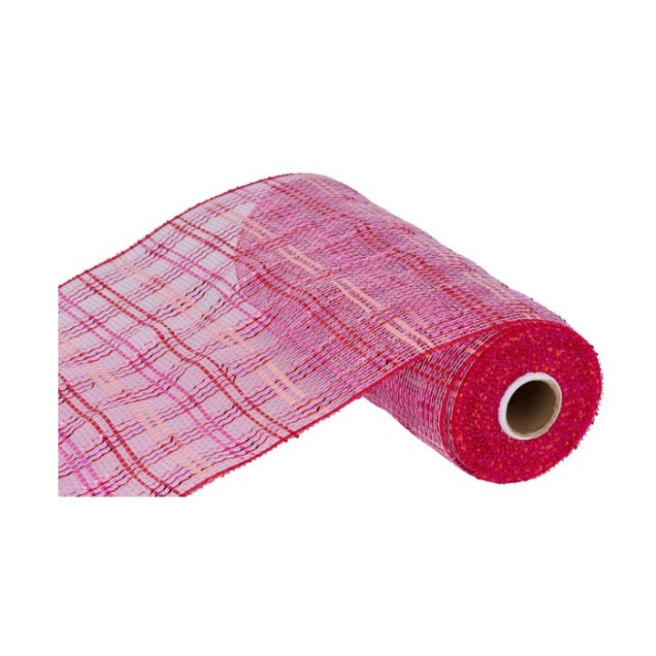 Hot Pink & Red Plaid Deco Mesh | 10"x10yd Vertical Foil Wreath Supply-RE136866