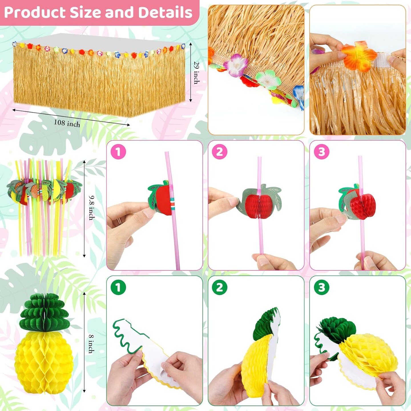 Hawaiian Summer Party Decorations with Banners, Balloons, Curtains, Table Skirt, and Cupcake Toppers