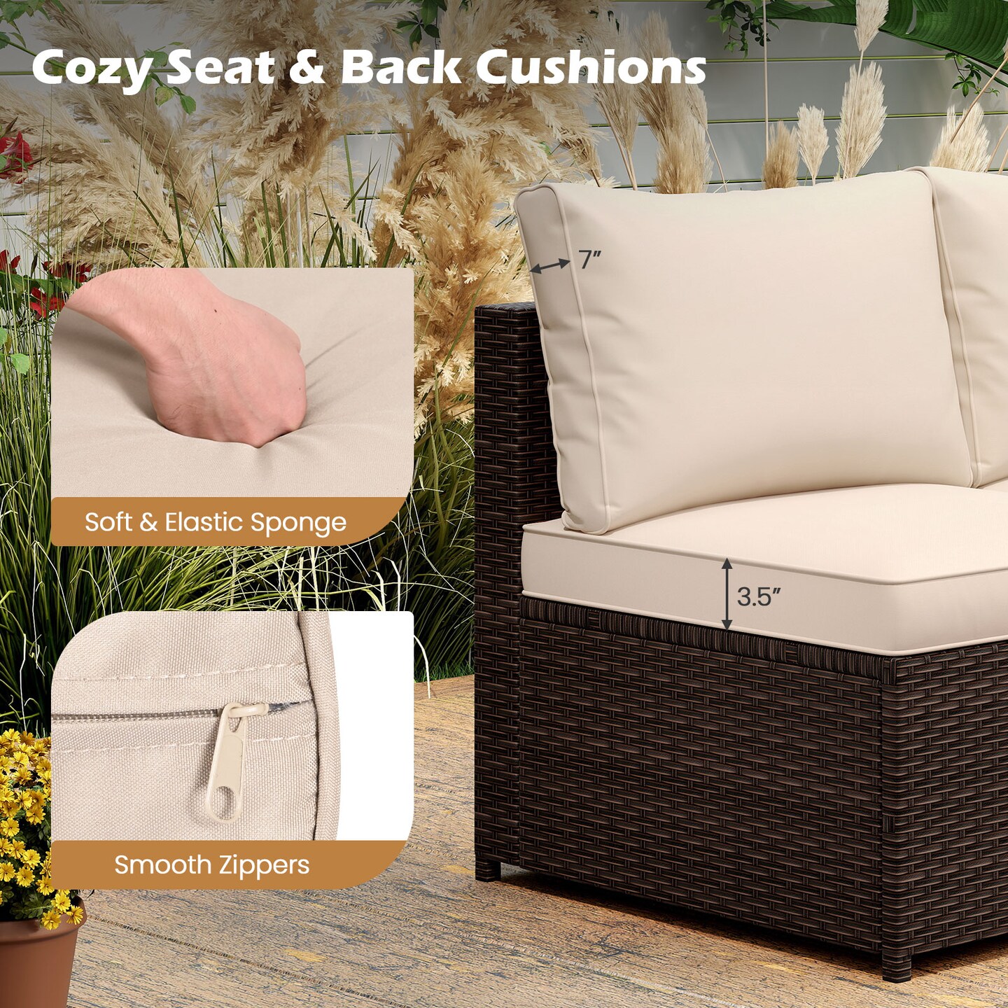 Costway 8 PCS Patio Furniture Set with Storage Box & Tempered Glass Coffee Table Beige