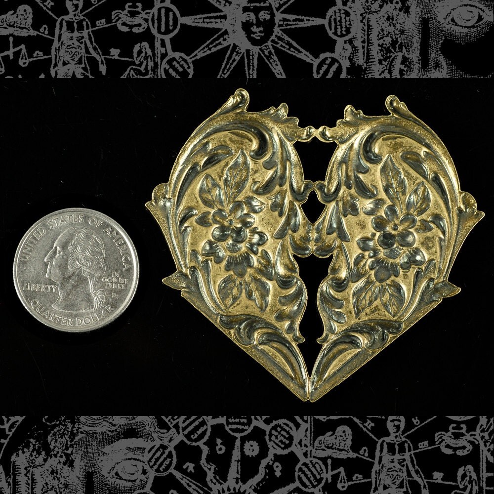Antiqued Brass Floral Filigree Victorian Heart Pendant - AB-P02