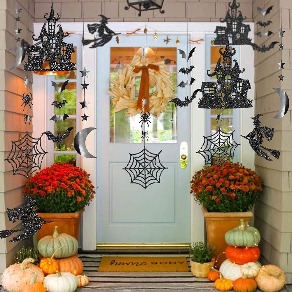 Halloween Witch Garland for Haunted House Decoration Black Glitter Gothic Sticker Decals Star Moon Hanging Streamers Backdrop for Halloween Party Birthday Baby Shower Office Classroom Decor