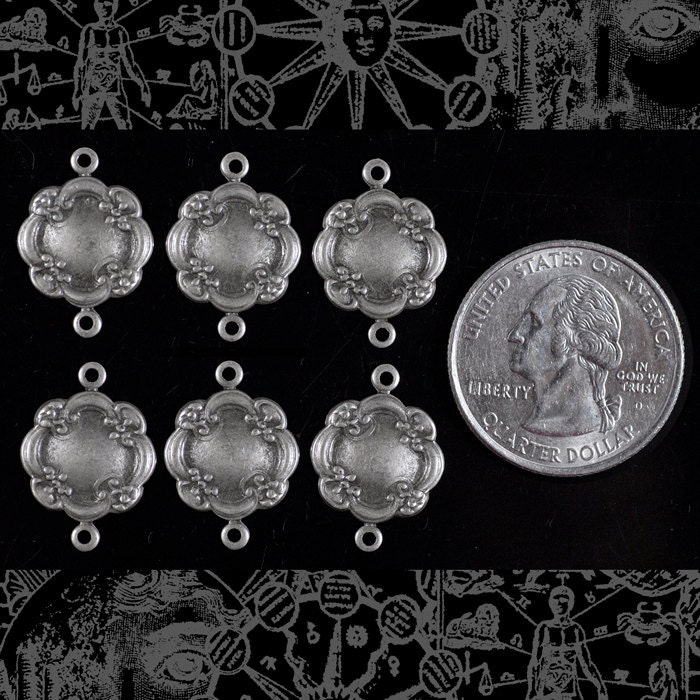 Antiqued Silver Plated Brass Dimpled Floral Cloud Two Ring Connectors - Set of Six - S-2C47