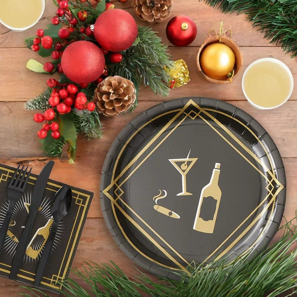 144 Piece Roaring 20s Disposable Dinnerware Set for 1920s Theme Party, Serves 24