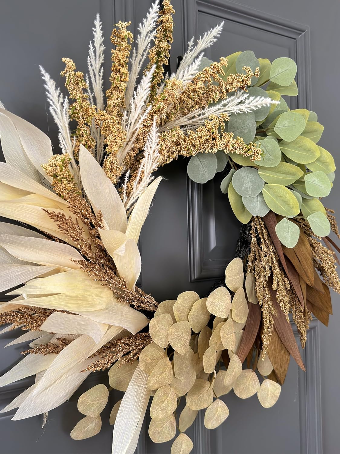 Handcrafted with Faux Eucalyptus Wheat Corn Husk, Fall Decor for Home Front Door Wall Window