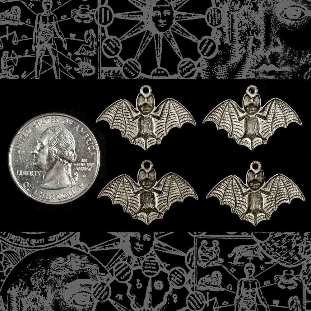 Antiqued Silver Plated Brass Wide Brass Bat Charms - Set of Four - XXX - S-C152
