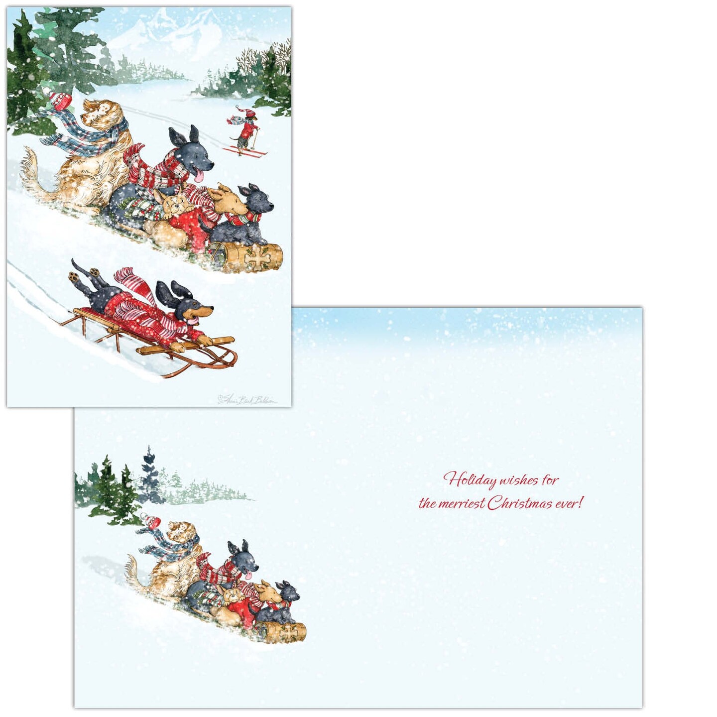 Toboggan Dogs-  26 Boxed Christmas Cards and Envelopes