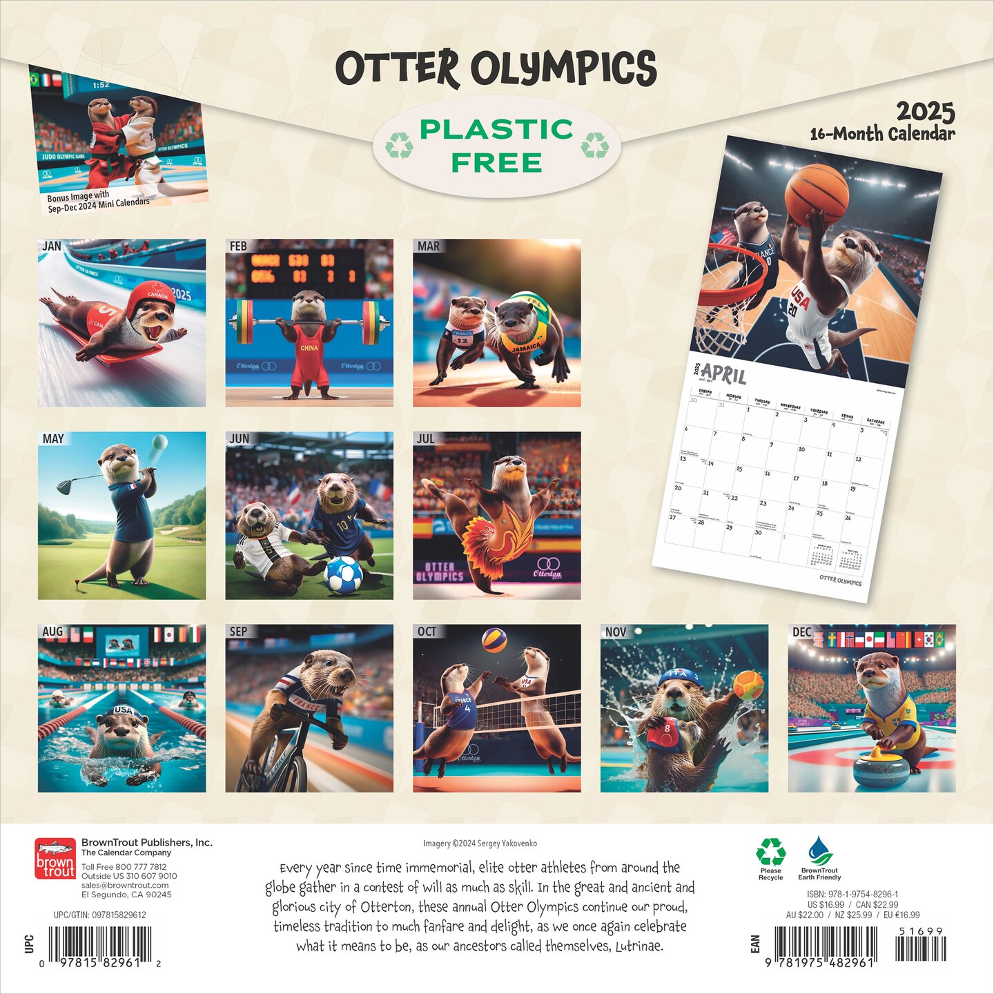 Otter Olympics | 2025 12 x 24 Inch Monthly Square Wall Calendar | Plastic-Free | BrownTrout | Animals Fun Humor