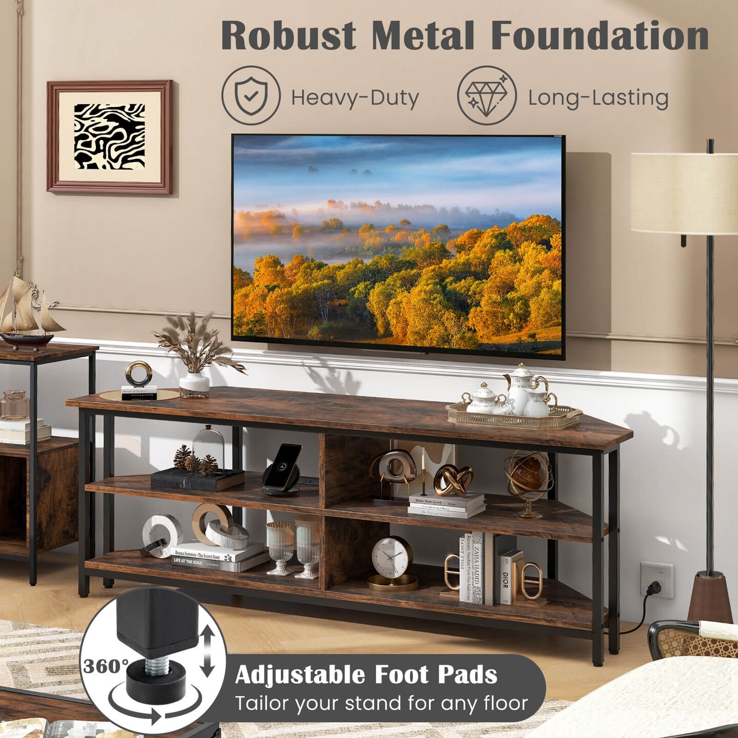 Costway Corner TV Stand for TVs up to 65&#x22; TV Console Table with AC Outlets&#x26;USB A Ports Rustic Brown/Black/White