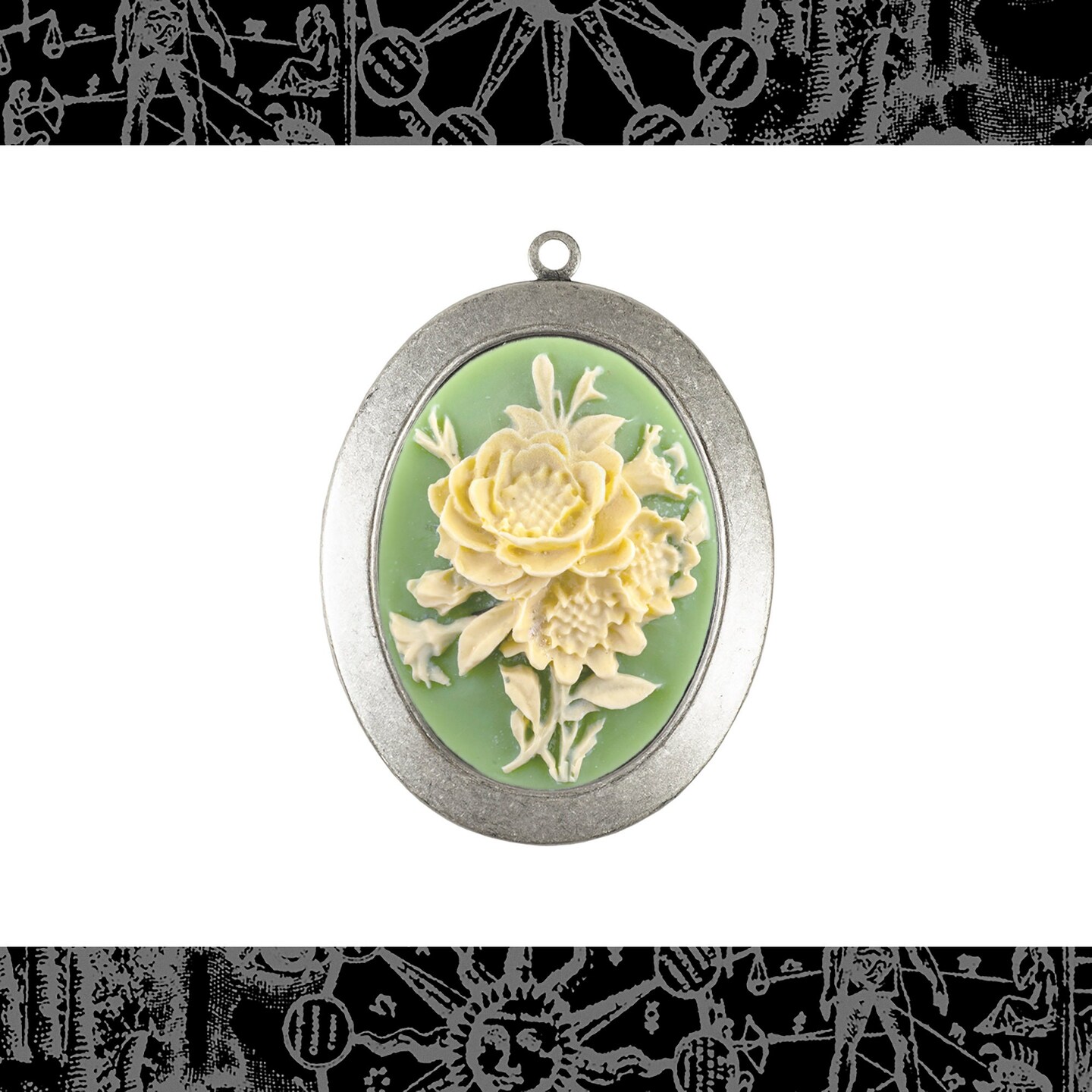 Vintage Green and Cream Floral 30mm x 40mm Resin Cameos - Set of Two - CAM153
