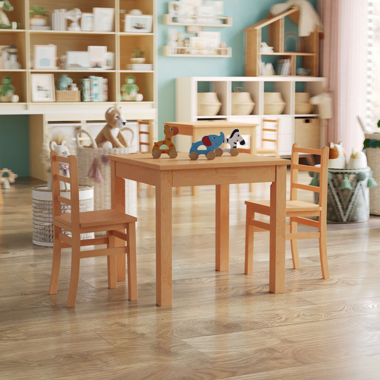 Emma and Oliver Kids Natural Solid Wood Table and Chair Set for Classroom, Playroom, Kitchen