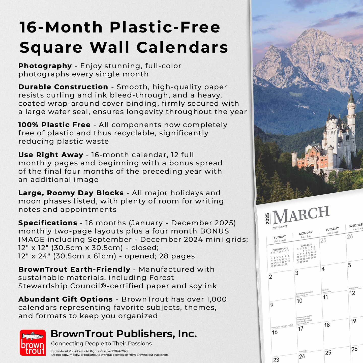 Germany | 2025 12 x 24 Inch Monthly Square Wall Calendar | Plastic-Free | BrownTrout | Travel Europe Berlin Munich