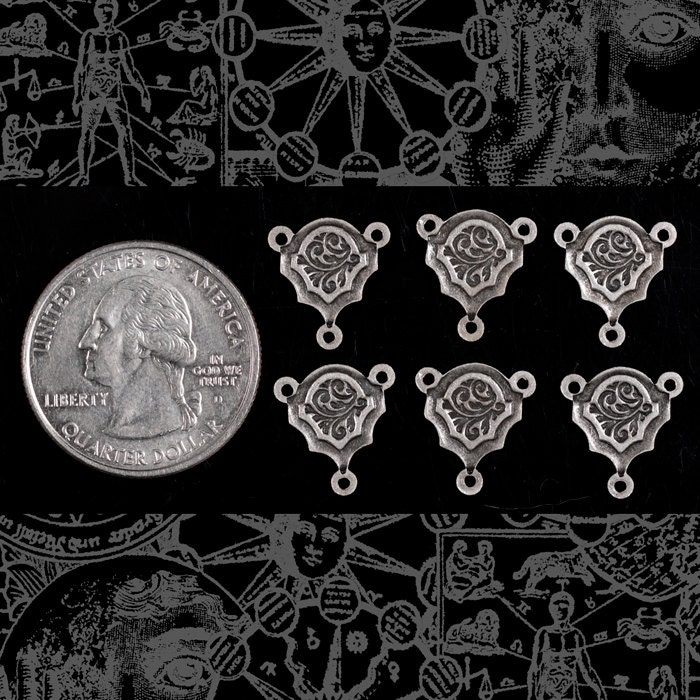 Antiqued Silver Plated Brass Art Deco Etched Shield Three Way Connectors - Set of Six - S-3C21