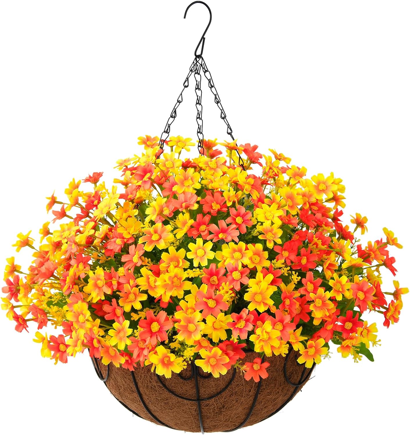 Artificial Hanging Flowers in Basket,Fake Daisy Plants Arrangement,12inch Coconut Lining Basket Hanging Plant,Outdoor Indoor Patio Lawn Garden Porch Fall Decor(Orange)