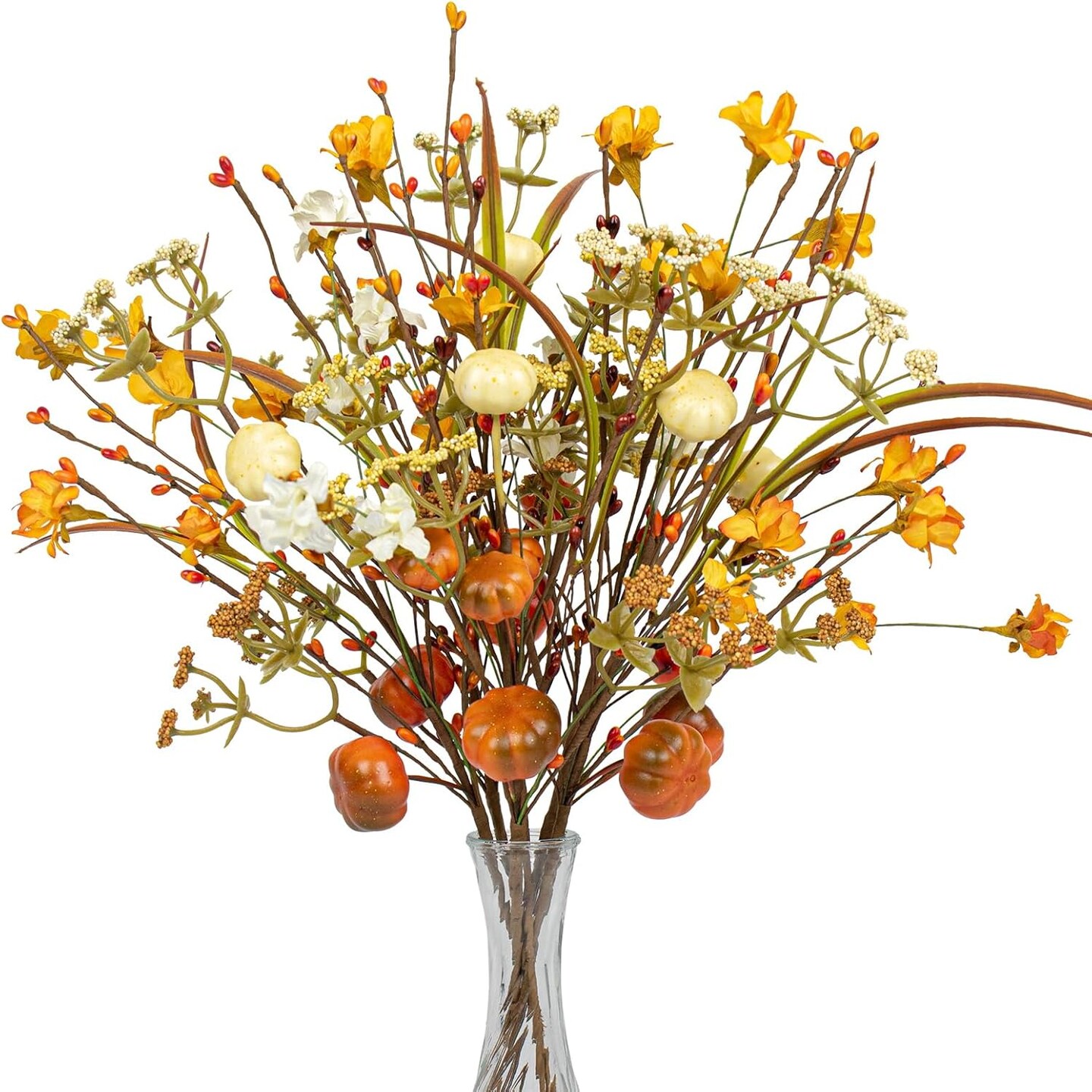 6 PCS 17 Inch Fall Floral Stems Artificial Autumn Flower Picks Pumpkin Sticks Branches with Pip Berries