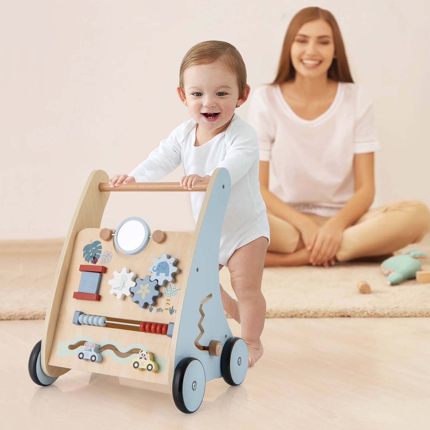 Costway Wooden Baby Walker Push &#x26; Pull Walker with Multi-Activity Learning Center