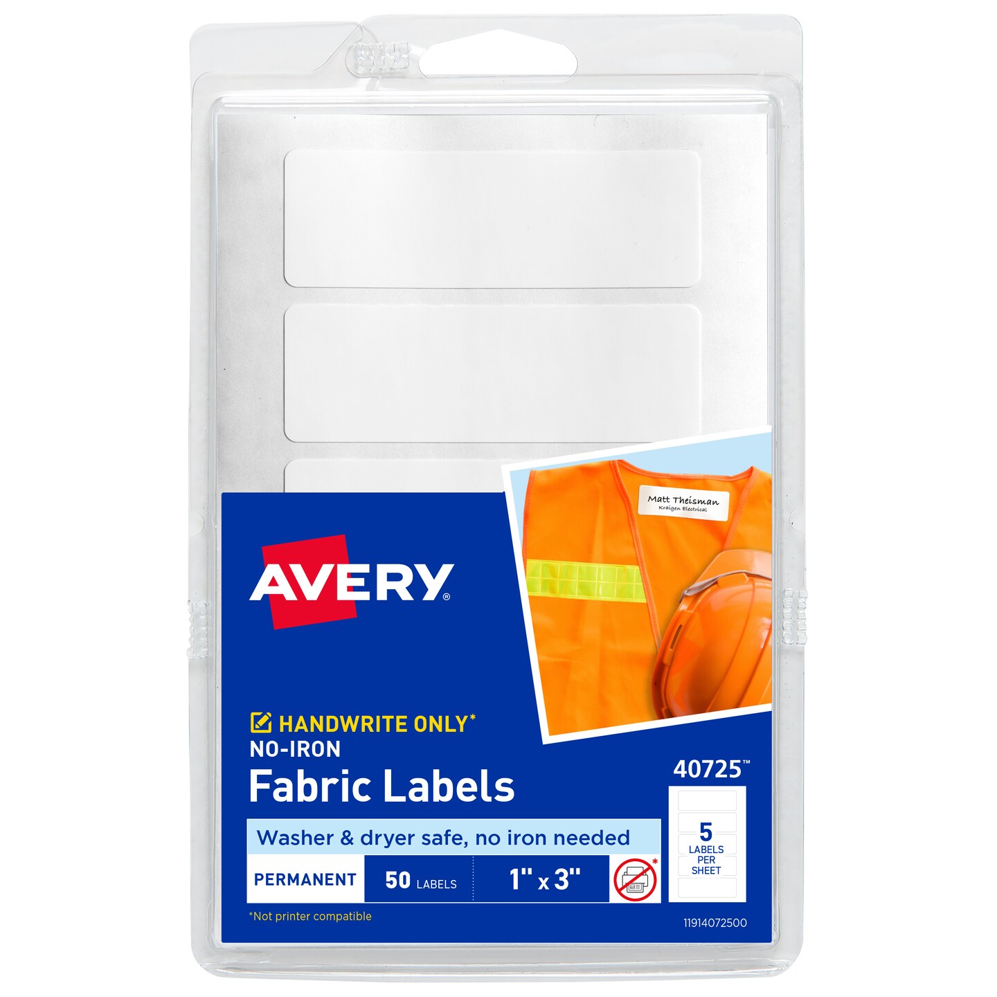 Avery No-Iron Fabric Labels, 1" x 3", Washer and Dryer-Safe Waterproof Labels, Non-Printable, 50 Blank Labels Total (40725)