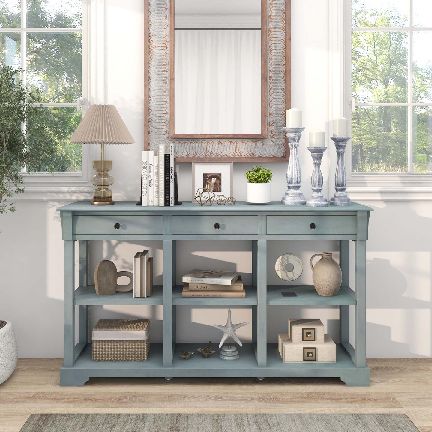 Costway 58&#x27;&#x27; Long Sofa Table with Storage Retro Console Table with 3 Drawers &#x26; Open Shelves Blue/White