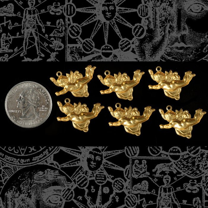 Raw Brass Flying Cherub Charms - Set of Six - B-C79