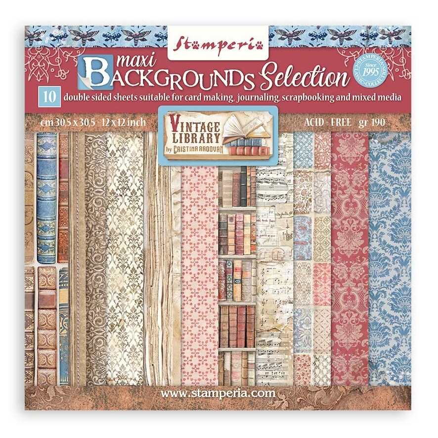 Stamperia Backgrounds Double-Sided Paper Pad 12"X12" 10/Pkg-Vintage Library, 10 Designs/1 Each