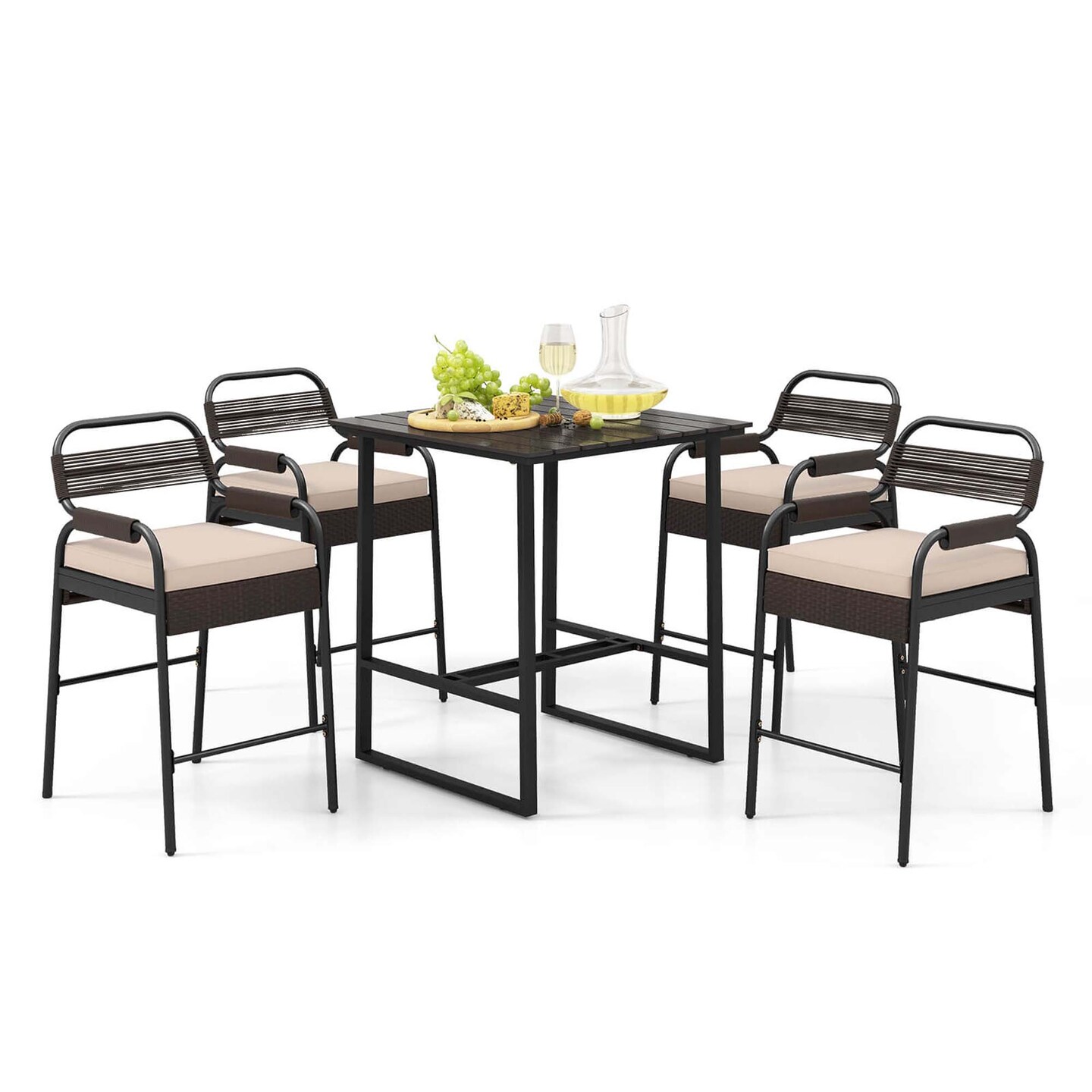 Costway 5-Piece Counter Bar Set Patio Rattan Counter Set with Cushioned Seat