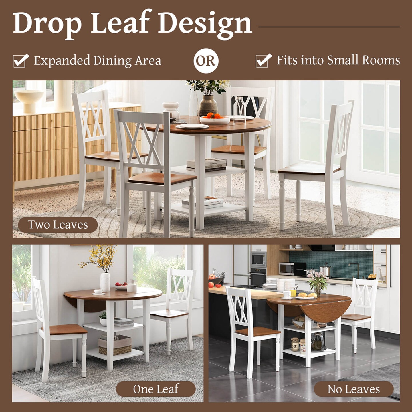 Costway 42.5&#x22; Drop Leaf Kitchen Table with Storage Shelves Expandable Dining Room Table