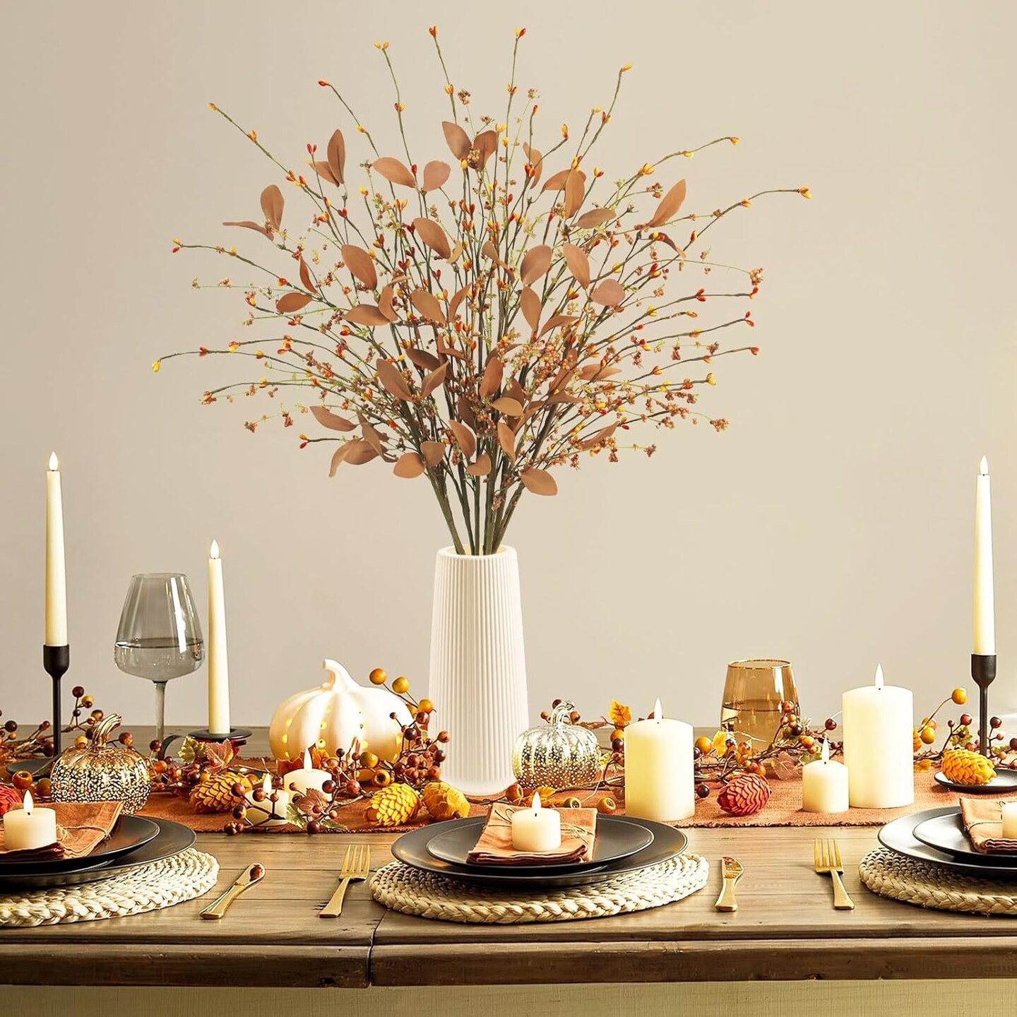 8Pcs Fall Floral Stems, 29.5&#x201D; Fall Leave Stems with Berry Autumn Berry