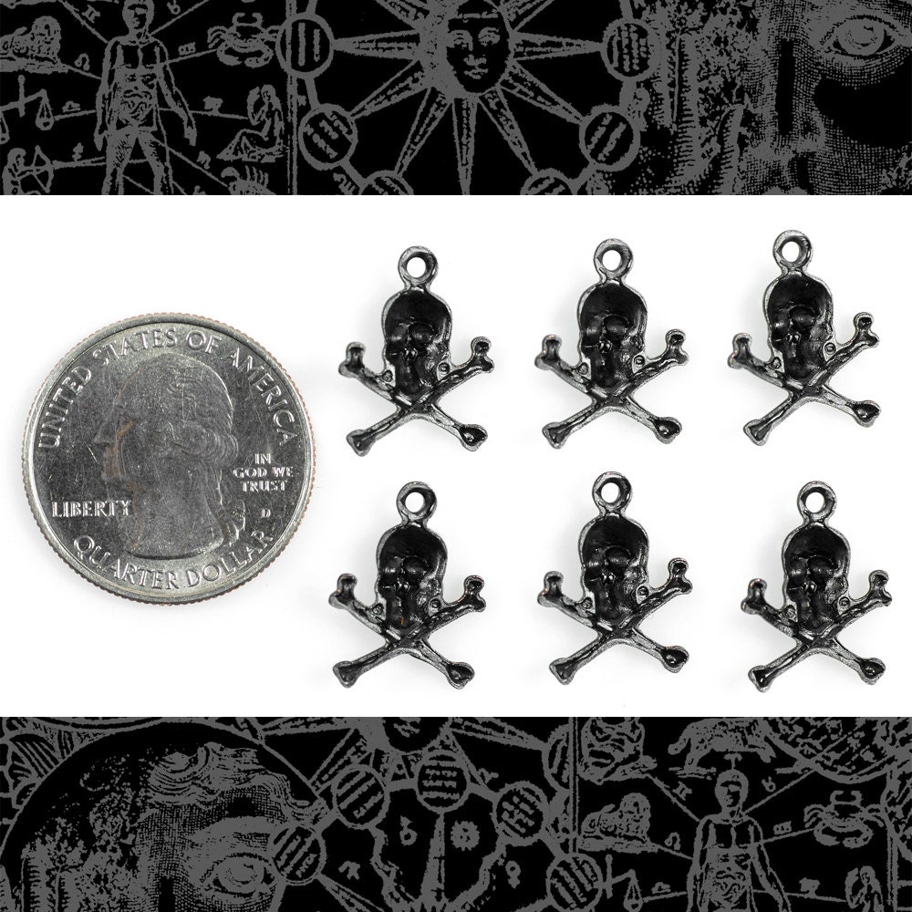 Black Plated Brass Skull and Crossbones Charms Stampings - Set of Six - BB-C26