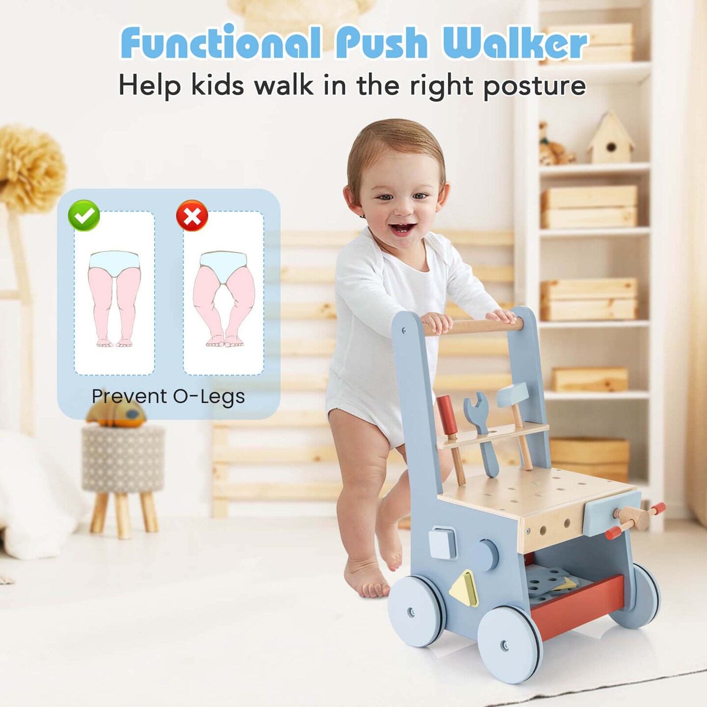 Costway 2-in-1 Wooden Baby Push Walker with Multi-Activity Center & Bottom Storage Toys