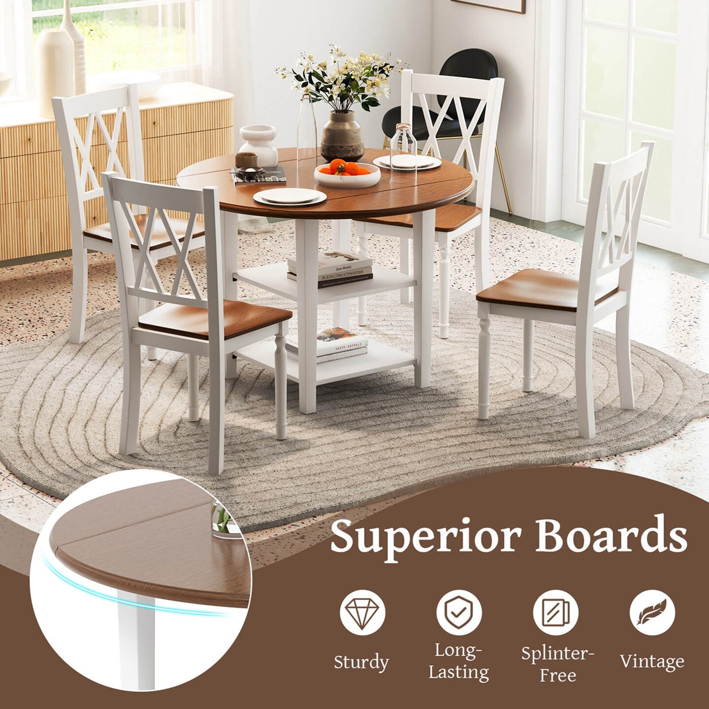 Costway 42.5&#x22; Drop Leaf Kitchen Table with Storage Shelves Expandable Dining Room Table
