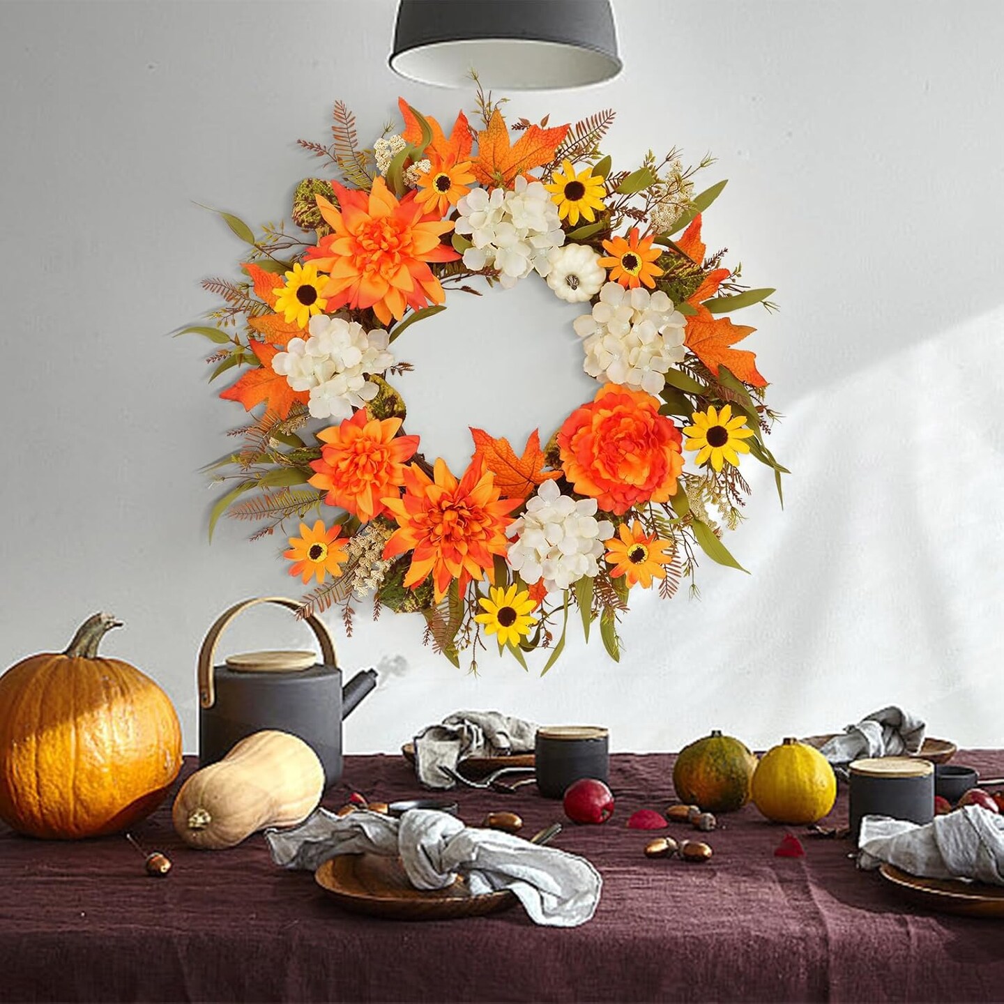 Artificial Sunflowers Autumn Flowers Wreath with Dahlia Peony Hydrangea Pumpkin Berries for Indoor Outdoor Window Wall Porch Harvest Halloween Thanksgiving Decor