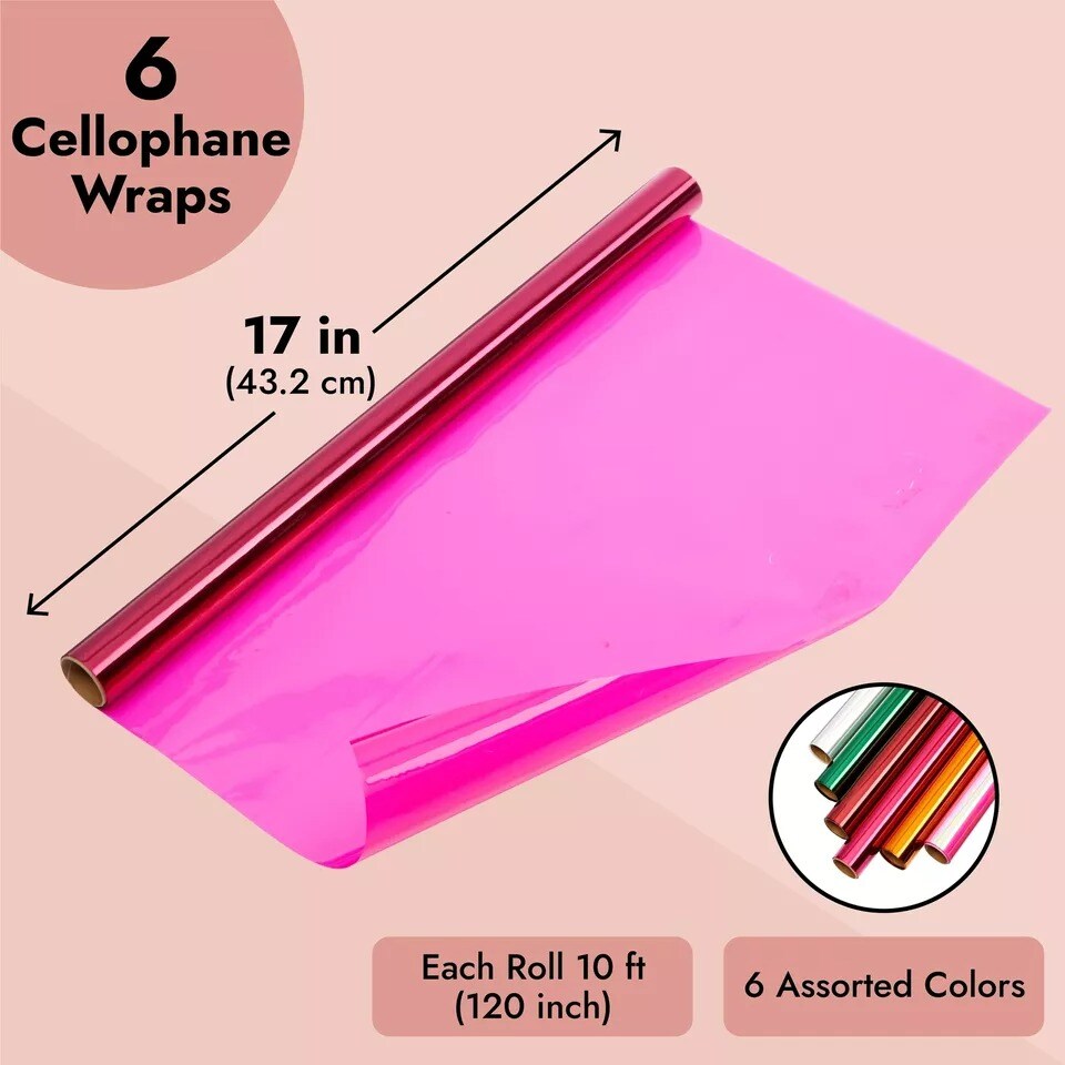 6 Roll Clear Colored Cellophane Wrap Roll for Gift Wrapping, 6 Colors, 17&#x22; x 10&#x27;