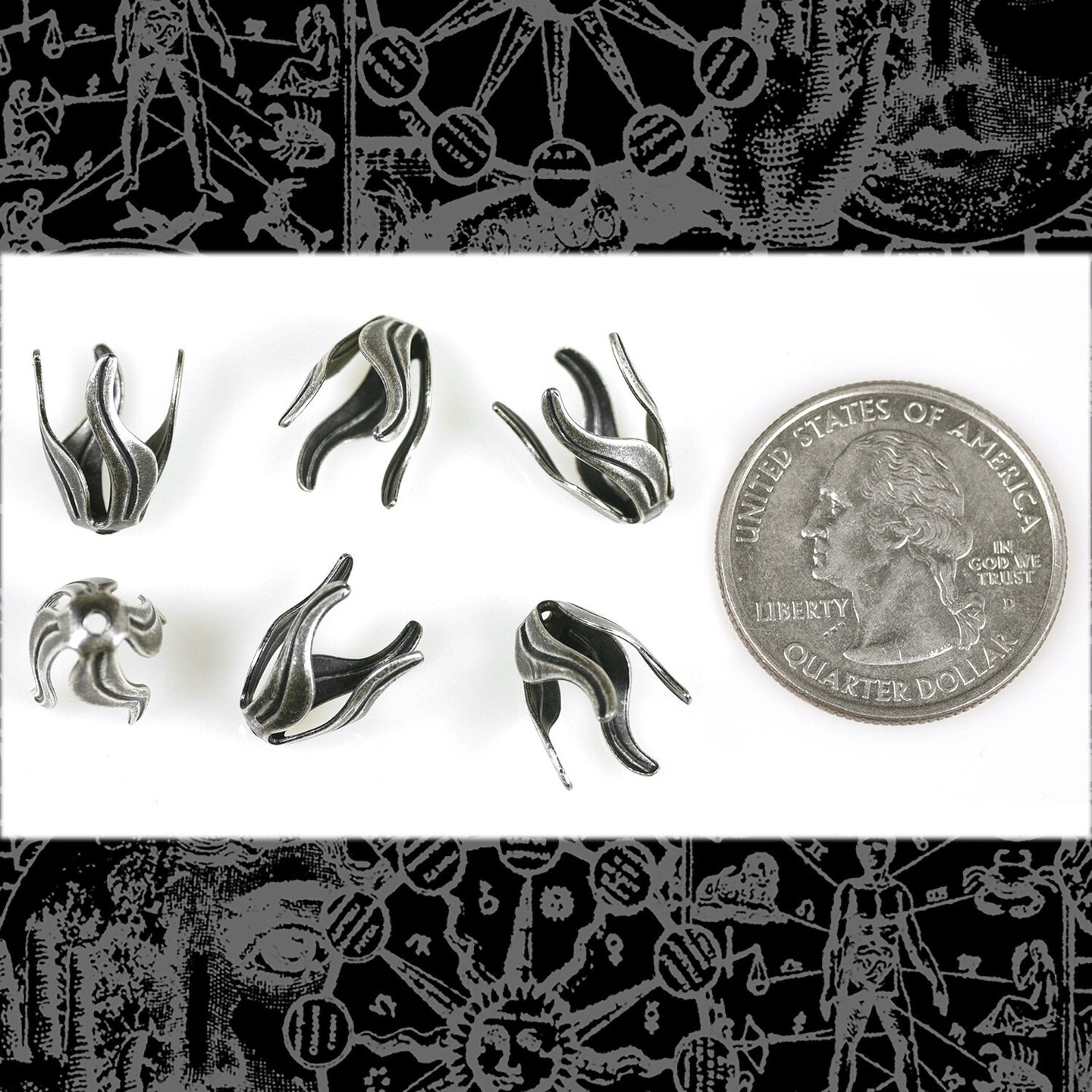 Antiqued Silver Plated Brass 8mm x 12mm Long Leaf Bead Caps -Set of Six - S-BC40