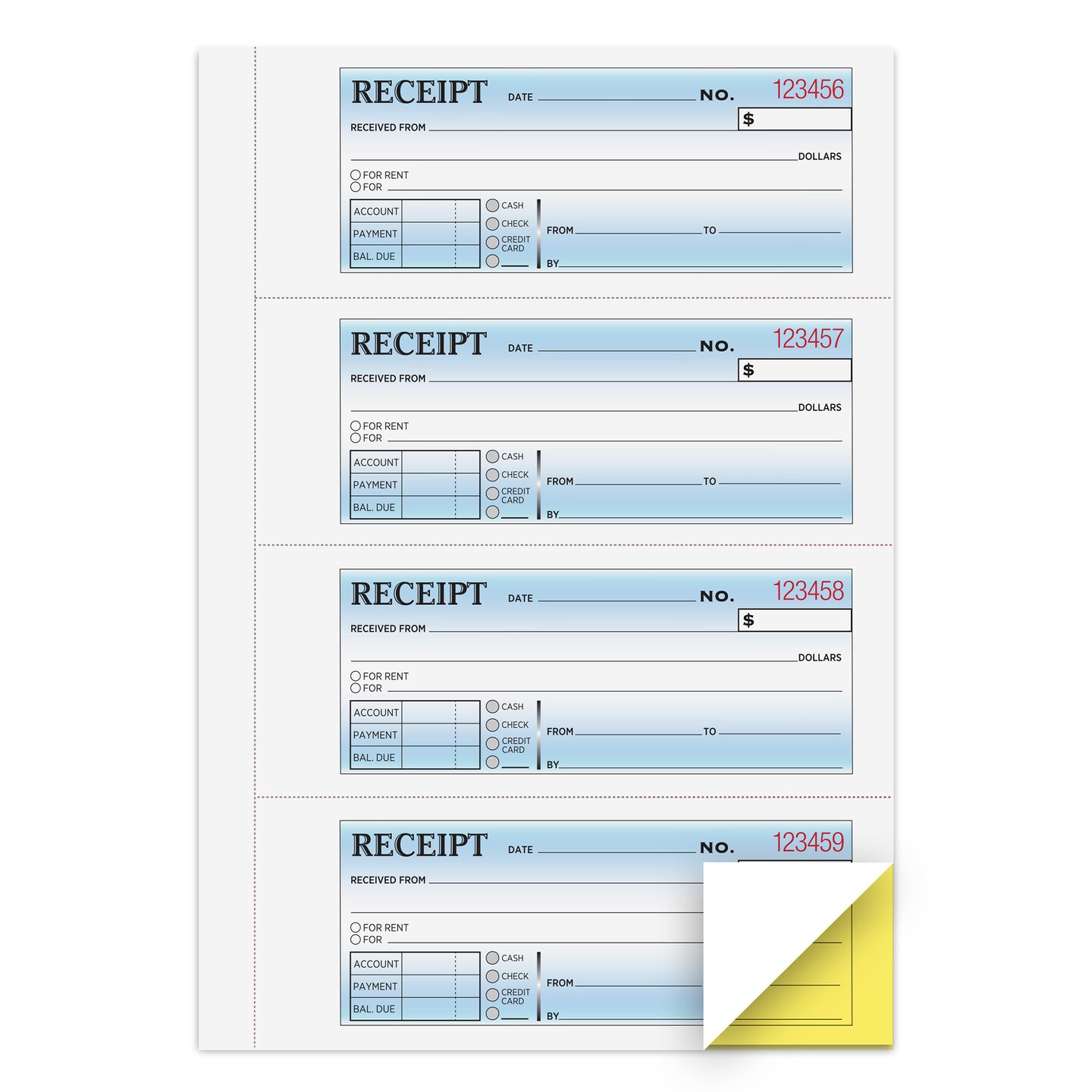 COSCO Money and Rent Receipt Book, 2-Part, Carbonless, White/Canary, Bound Wraparound Cover, 200 Sets per Book, 4 Receipts per Page