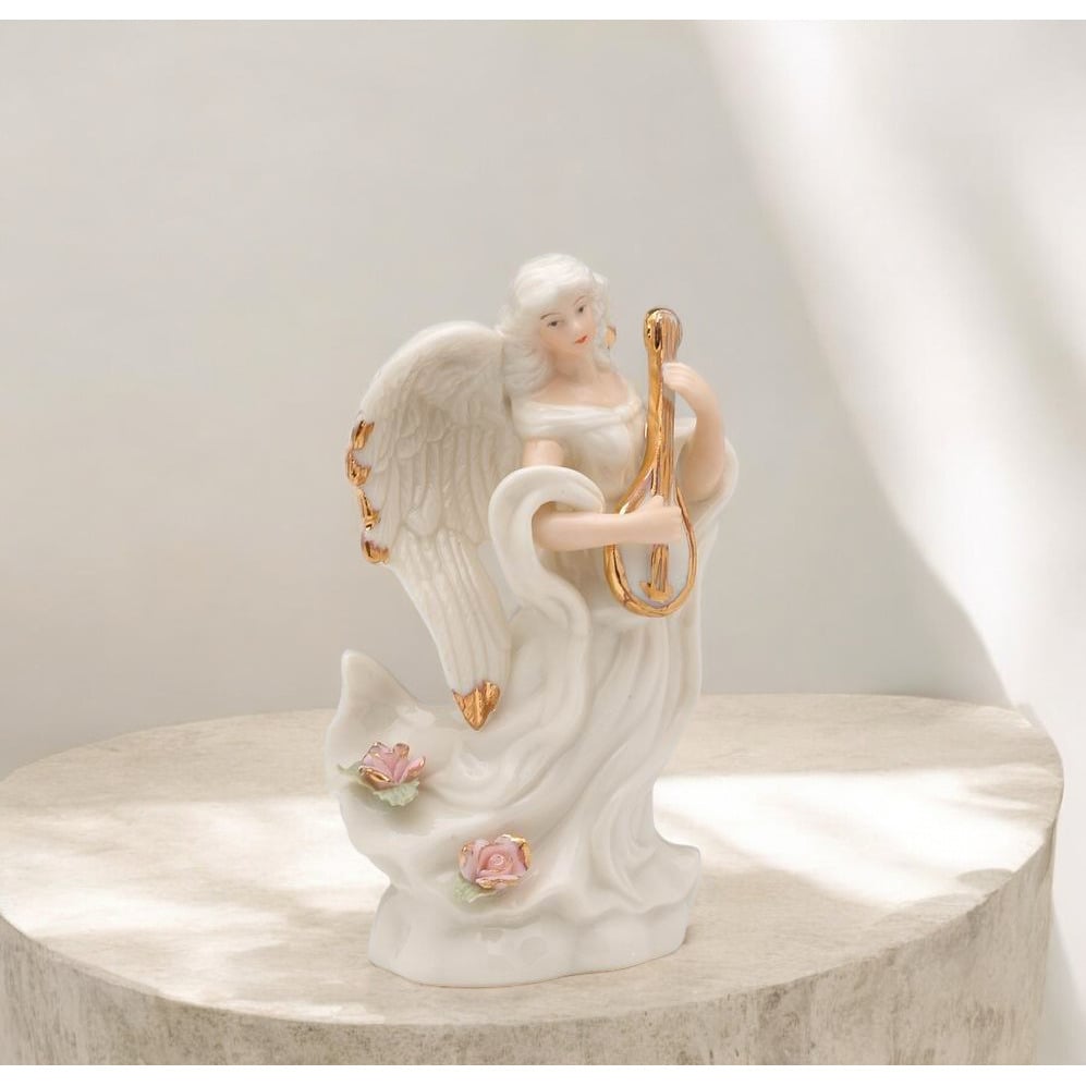Ceramic Angel Playing Lute Figurine 4.5 Inch Vintage Religious Gift