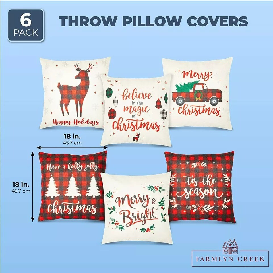 Set of 6 Christmas Throw Pillow Covers 18x18&#x201D;, Red Plaid Farmhouse Holiday D&#xE9;cor