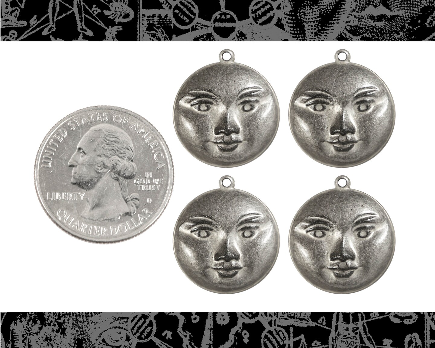 Antiqued Silver Plated Brass Full Moon Pendants - Set of Four - S-P90