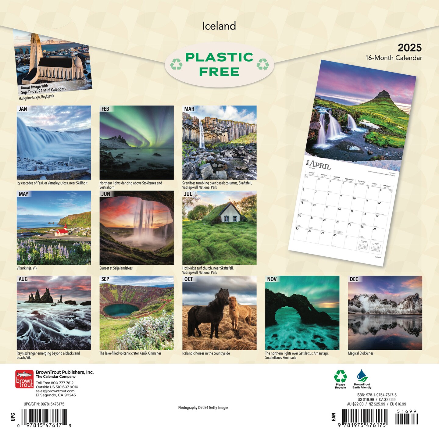 Iceland | 2025 12 x 24 Inch Monthly Square Wall Calendar | Plastic-Free | BrownTrout | Scenic Travel Europe Glaciers