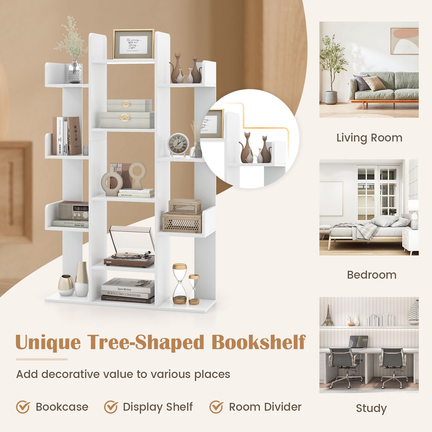 Costway 1/2 PCS Bookshelf Tree-Shaped Bookcase with 13 Storage Shelf Rustic Industrial Style White/Coffee