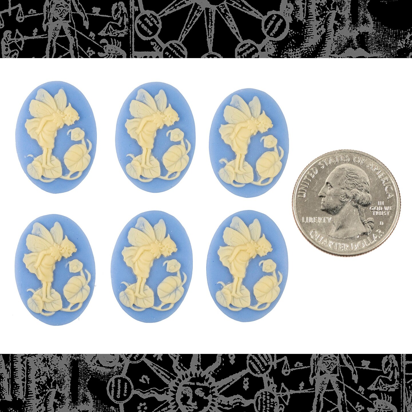 Blue and Cream Fairy with Ladybug 25mm x 18mm Cameos  - Set of Six - XXX - CAM250