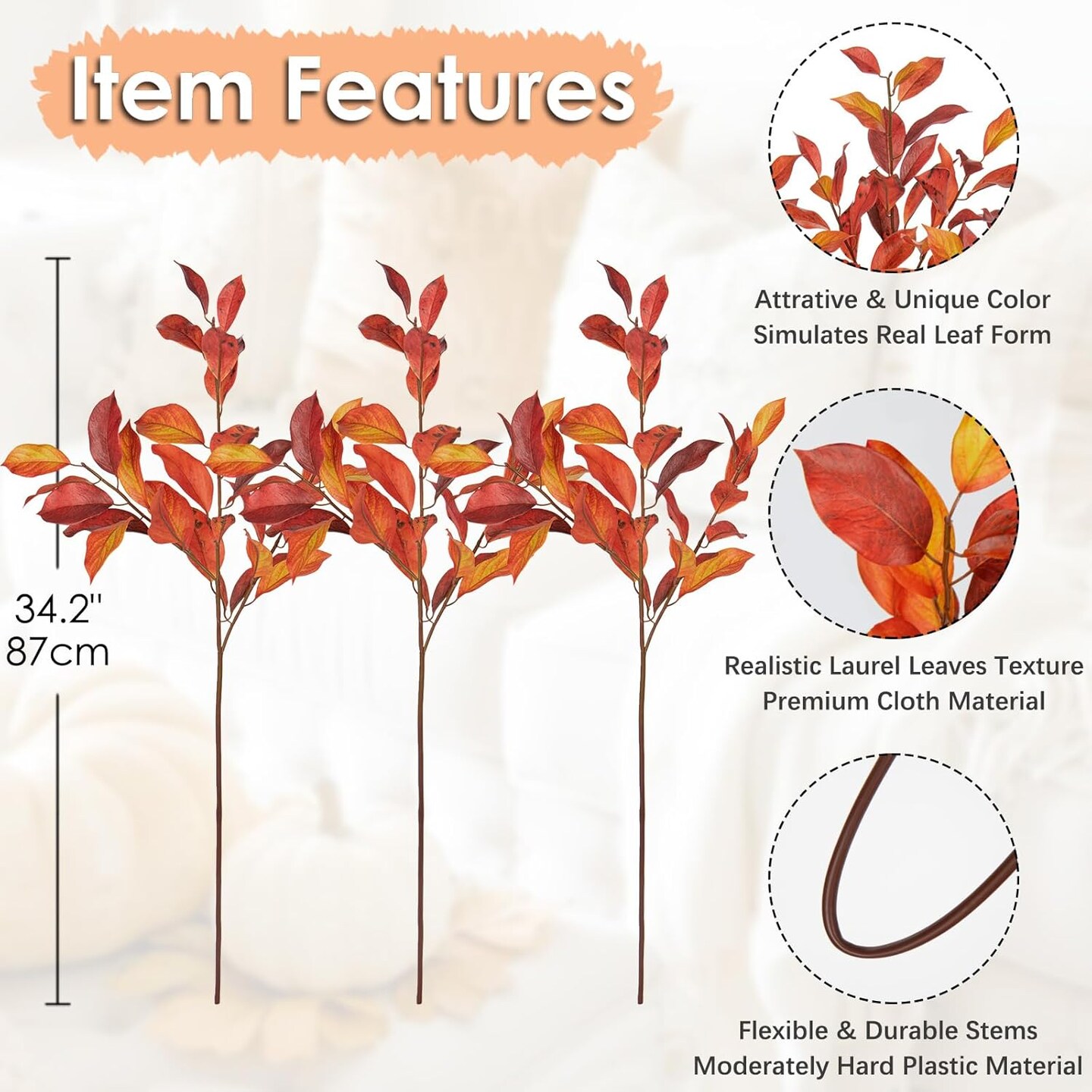 3Pcs Fall Leaves Stems Long Faux Fall Bay Leaves with Branches