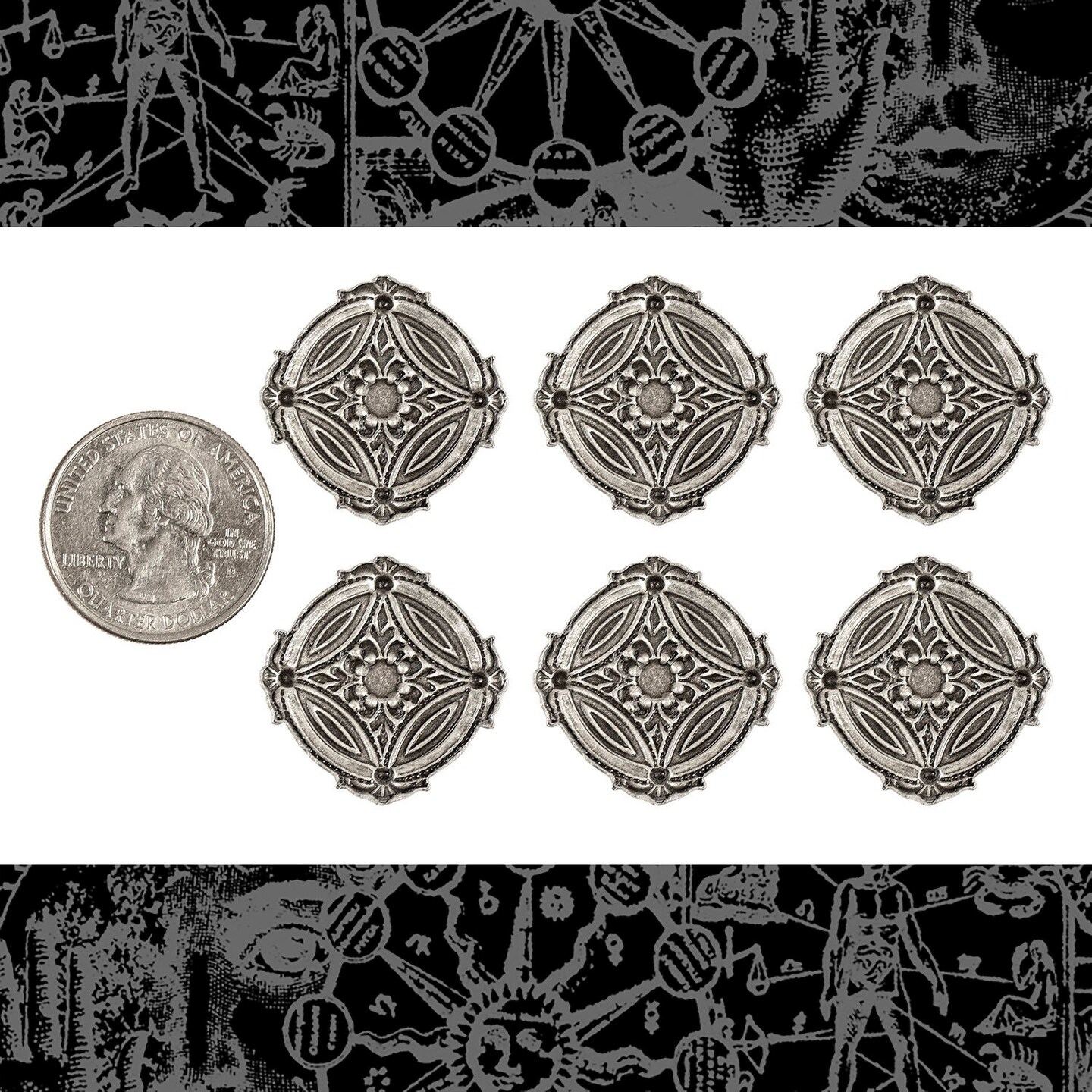 Antiqued Silver Plated Brass Shield Charms Accents - Set of Six - S-C210