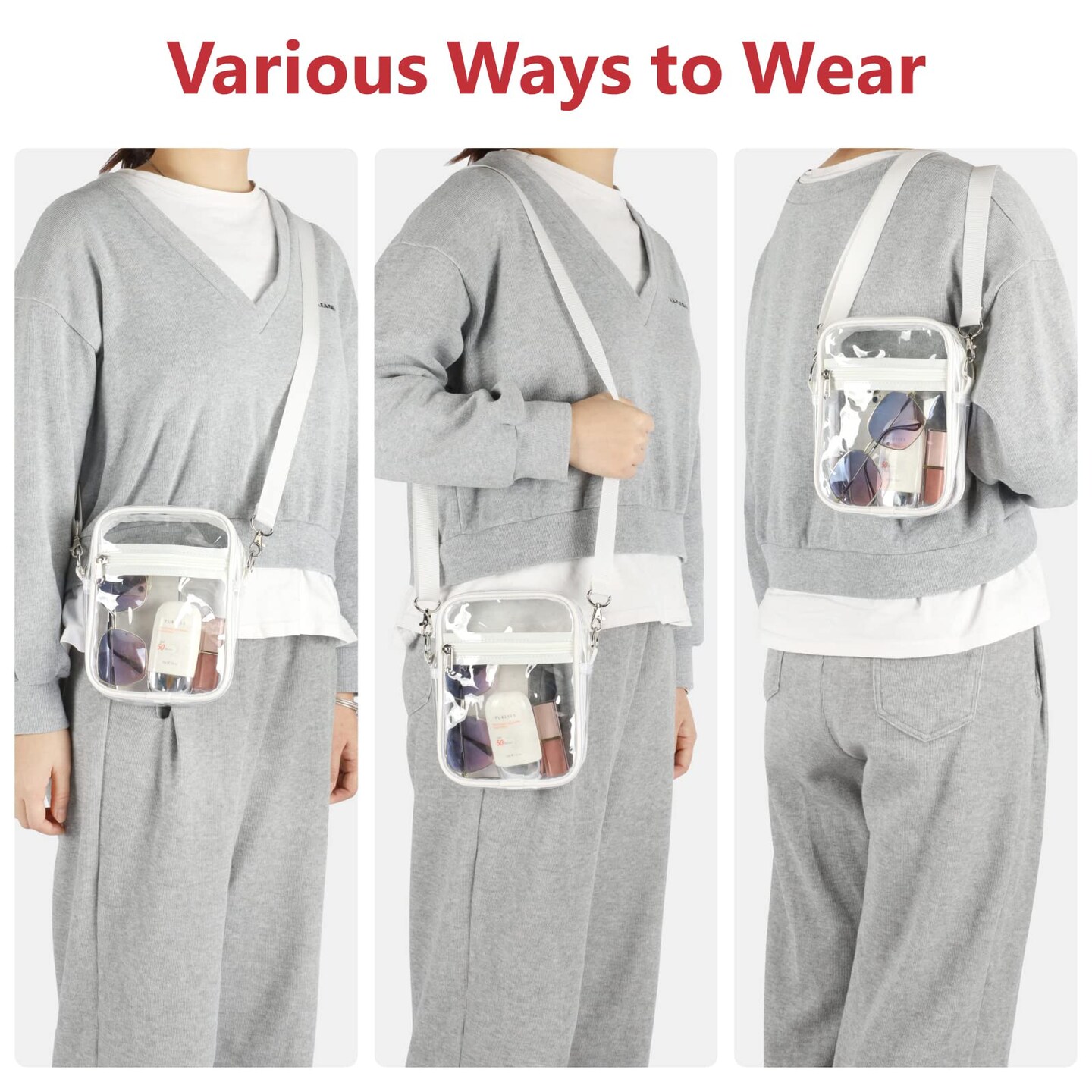 Clear Purses for Women Stadium - Clear Bag Stadium Approved Crossbody Bag Adjustable Shoulder Strap for Concerts Sports Festivals Events Game Day, White