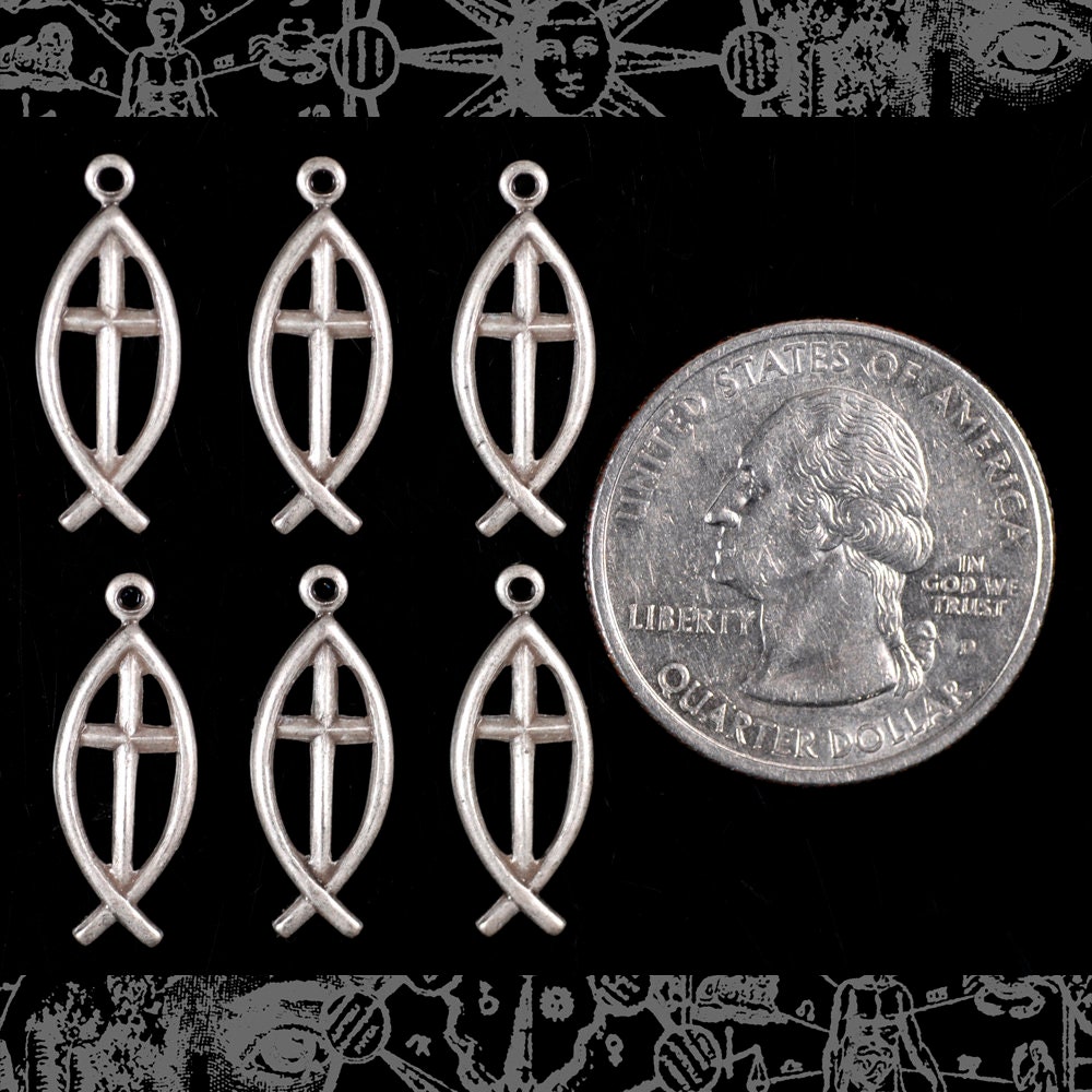 Antiqued Silver Plated Brass Fisherman&#x27;s Christian Cross Charms - Set of Six - S-C140