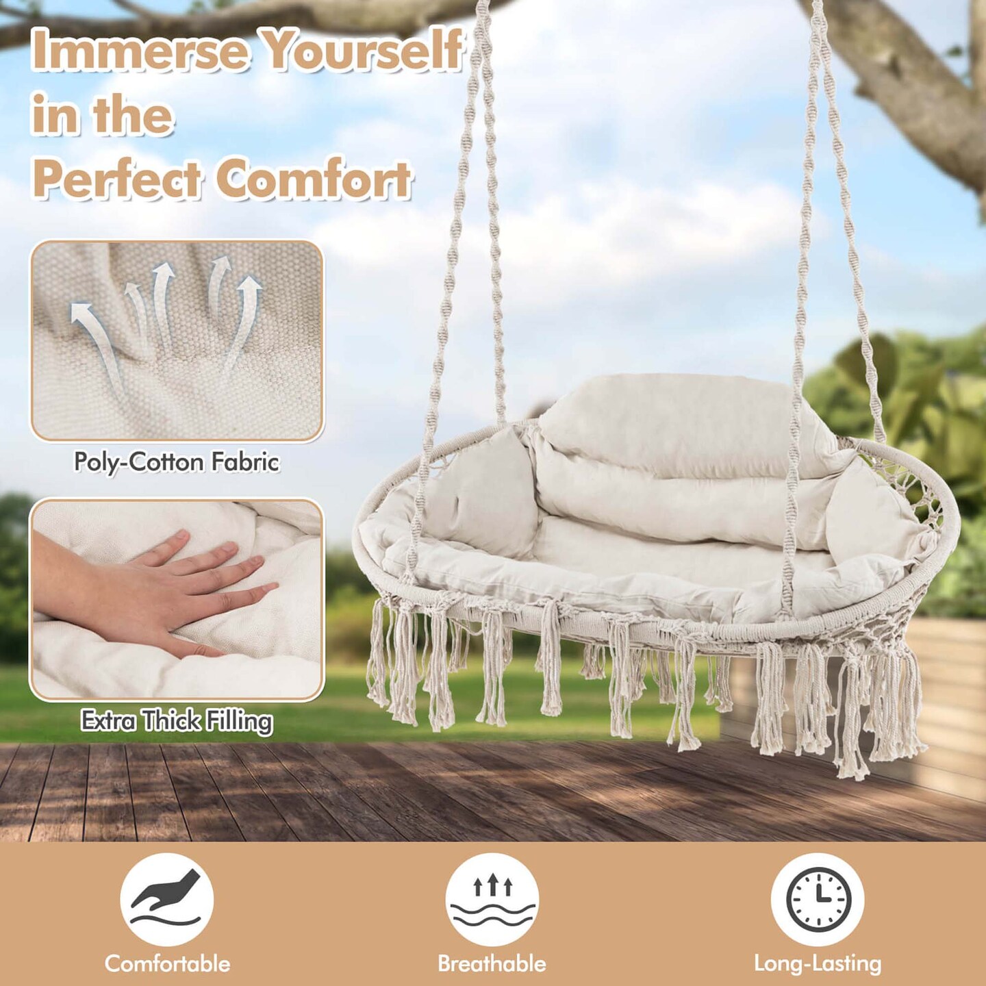 Costway Swing Chair Hand-Woven Rope Hanging Chair with Thick Cushion &#x26; Folding Metal Frame