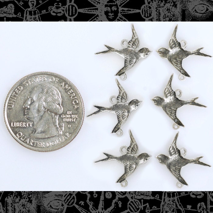 Antiqued Silver Plated Brass Flying Sparrows Two Way Connectors Top and Bottom Rings - Three Sets of Two - S-2C36