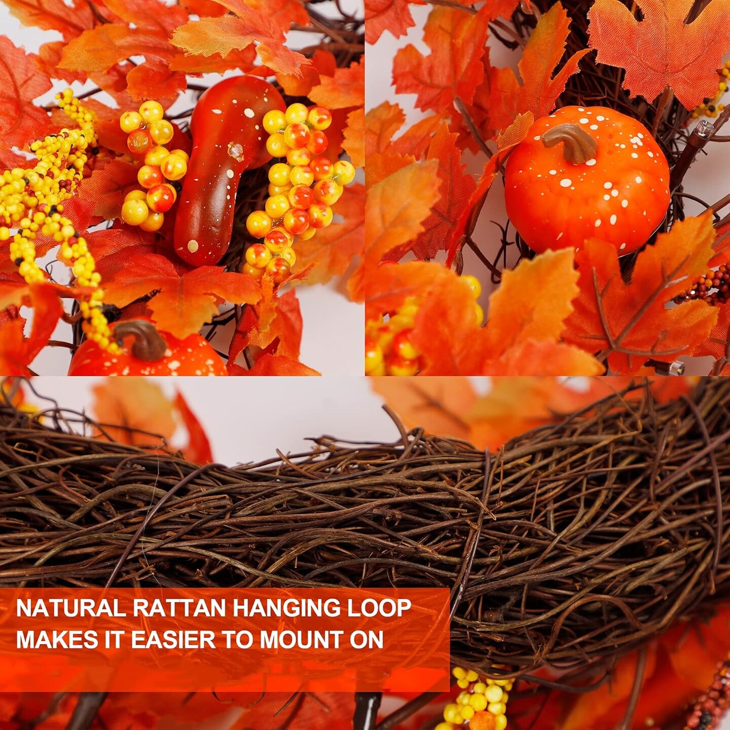 Lighted Fall Wreath with Metal Hanger, 16&#x22; Pre-lit Autumn Harvest Wreaths with 20 LED Lights